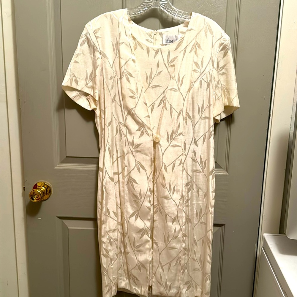 Vintage Lisa Jo Creme Shiny Leaf Dress with attached Jacket